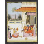Rama and Sita seated on a terrace in conversation with attendants, Mewar, 19th century, opaque