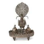 A silver filigree peacock and vessels cosmetics tray, Deccan, India, early 19th century, the