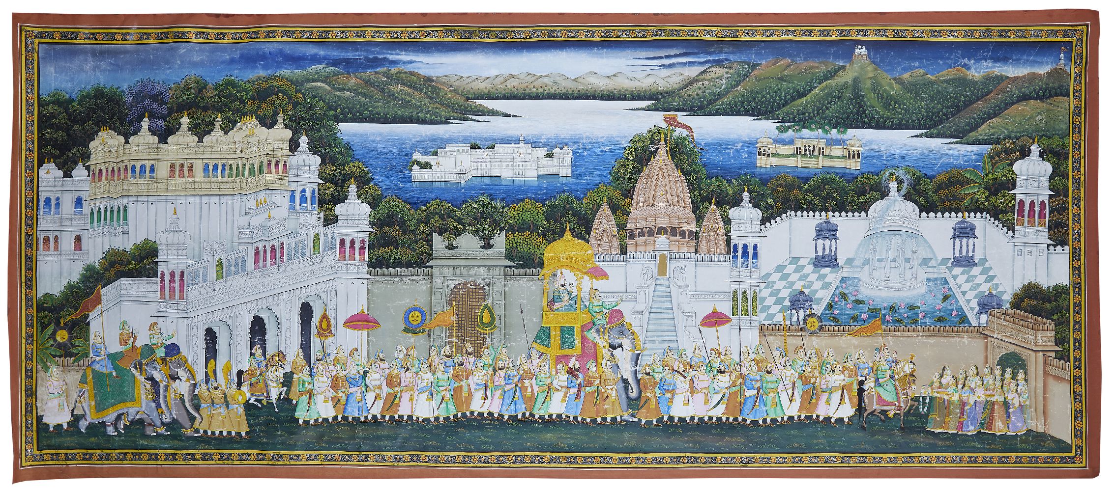 A large painting on cloth of a procession, India, 20th century, 184 by 78 cmPlease refer to