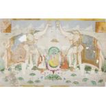 Krishna seated on a lotus flower attended by two priests and elephants, Rajasthan, circa 1820,