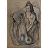 Modern Indian School, Untitled, Lady with sitar, pastel on paper, signed "F.M ... 1965" lower