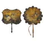 Two painted lacquer hand fans for the European market, 19th century, the head scalloped and with