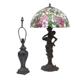 A Christopher Wray bronze figural table lamp, late 20th century, with leaded glass floral lampshade,