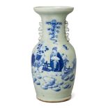 A Chinese porcelain celadon-glazed baluster vase, 19th century, painted in underglaze blue with