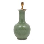 A green Chinese baluster form vase converted to lamp, 20th Century, the body decorated with