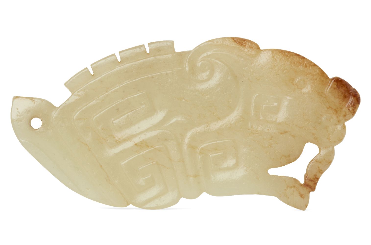 A rare Chinese yellow jade pendant, Western Zhou dynasty, carved as a stylised mythical beast with a - Image 4 of 11