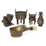 A group of five Chinese and Japanese bronze vessels, 19th-20th century, comprising a miniature