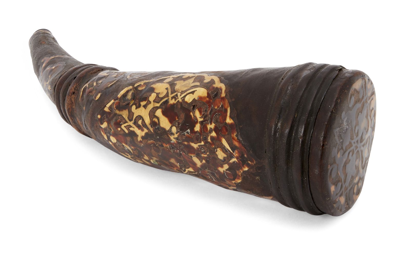 An Ottoman powder horn flask, Turkey, late 19th-early 20th century, with leather body stitched to