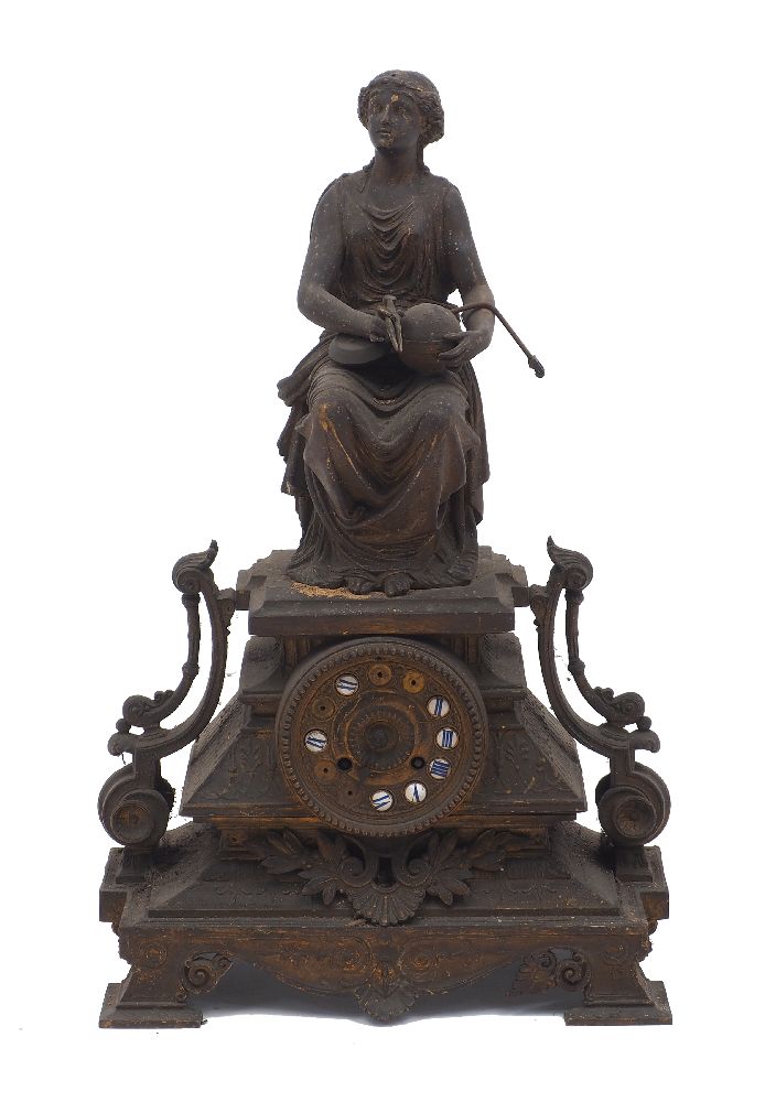 A cast iron mantle clock, 20th Century, the case of architectural stepped plinth form with scrolling