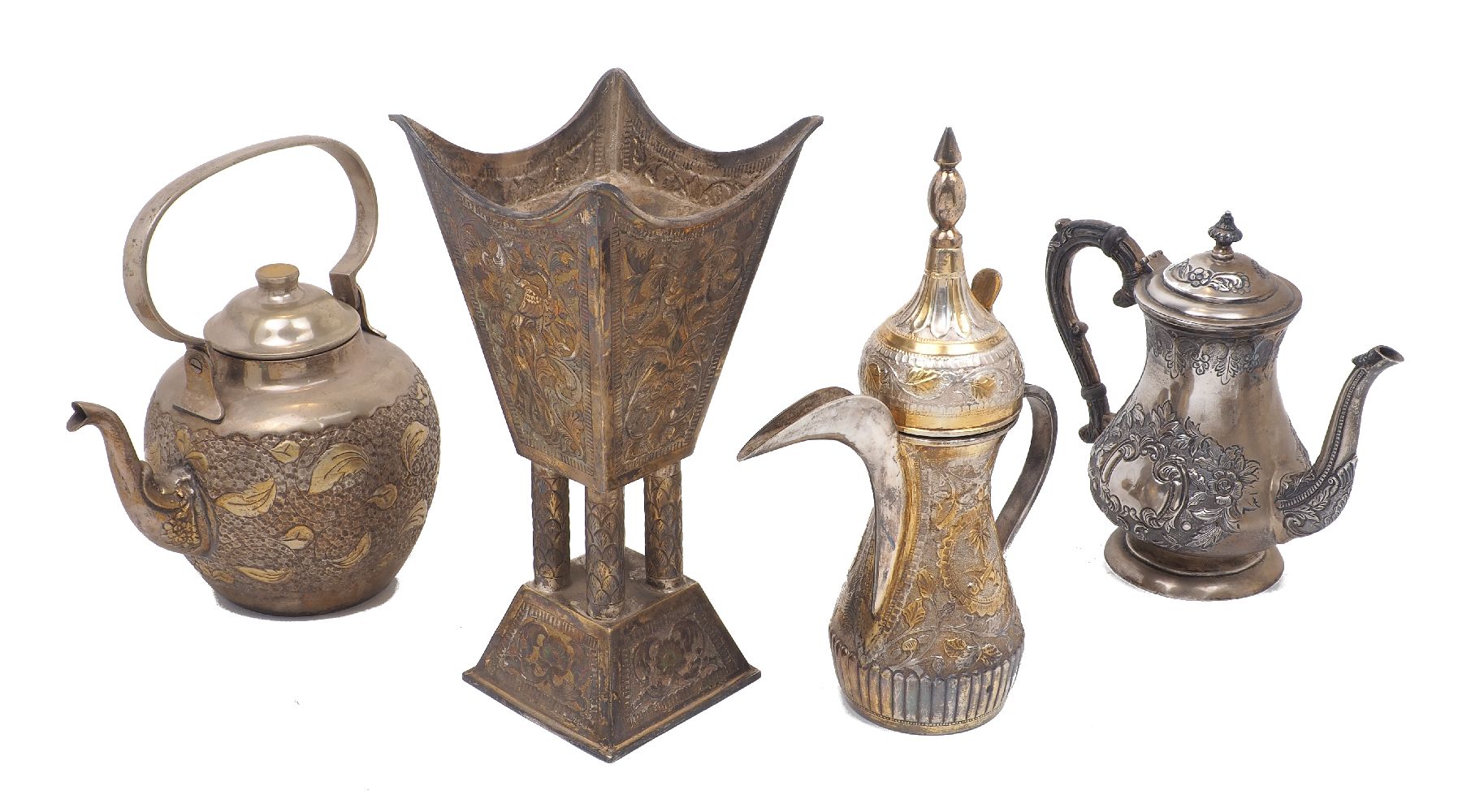 An Arabic 'dallah' coffee pot, marked '99/R.T, Silver' to base, the partially gilded body bearing