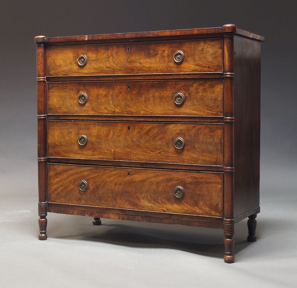 A Regency mahogany chest of drawers, with four long graduated drawers on turned feet, 100cm high,