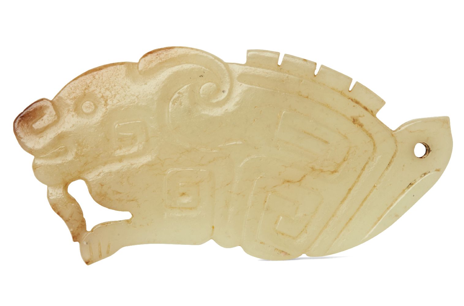 A rare Chinese yellow jade pendant, Western Zhou dynasty, carved as a stylised mythical beast with a