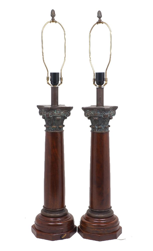 A pair of Indian Corinthian bronze and hardwood Corinthian column table lamps, late 20th century,