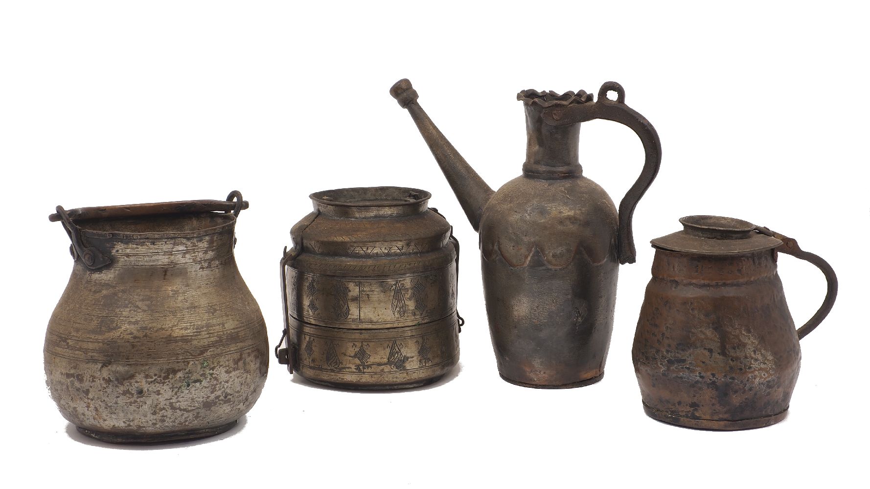 Four large tinned copper vessels, Greek, 19th century, the jug 32cm high (4) Provenance: Theo Sarmas