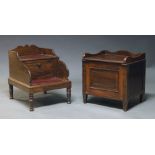 A set of George III style mahogany bed steps, 20th Century, with shaped gallery and burgundy leather