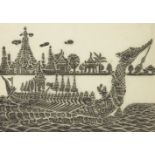 20th century Indonesian School, ink on rice paper, dragon boat on a river, 35x50cmPlease refer to