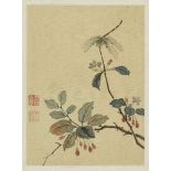 YIN KUN (Chinese, late 19th century), ink and colour on silk, dragonfly and flowers, with two red