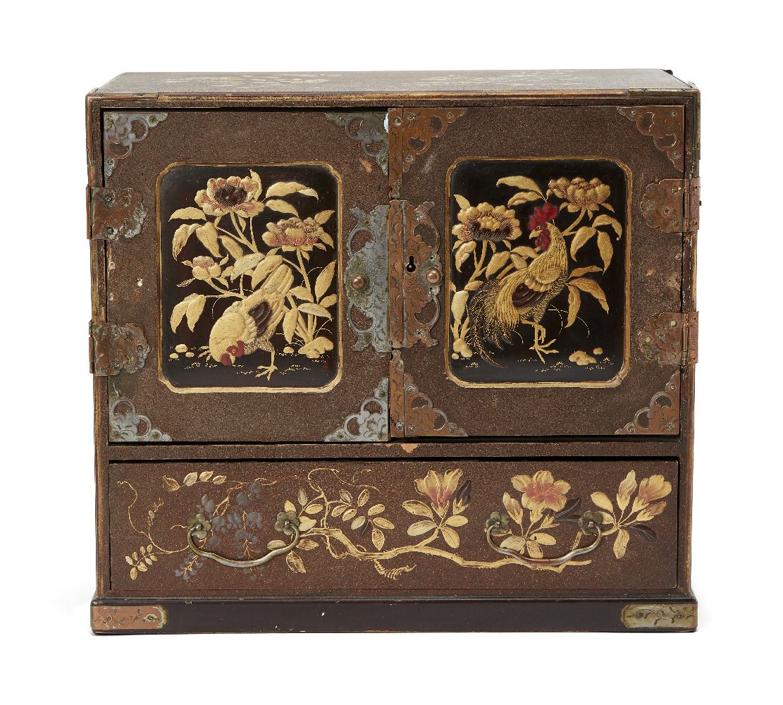 A Japanese table top shodana cabinet, Meiji period, comprised of one large base drawer, and six