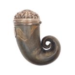 A Scottish white metal mounted horn snuff mull, the cover repoussé decorated with thistles and set