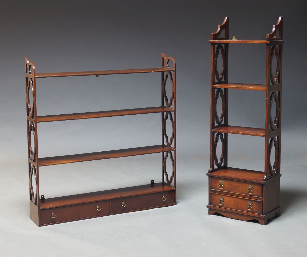 A George III style mahogany hanging shelf, late 20th Century, having carved fretwork side panels,