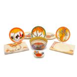 Six pieces of Clarice Cliff 'Bizarre' pottery, 1930s, comprising, a 'Gayday' bowl, 21cm diameter,