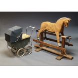 A toy rocking horse, second half 20th Century, the horse upholstered in brown fabric on pine