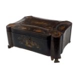 A Chinese Canton black lacquer sewing box, late 19th century, gilt painted to the exterior with