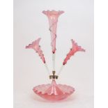 A Victorian style pink glass epergne, 20th Century, with central trumpet stem and two further