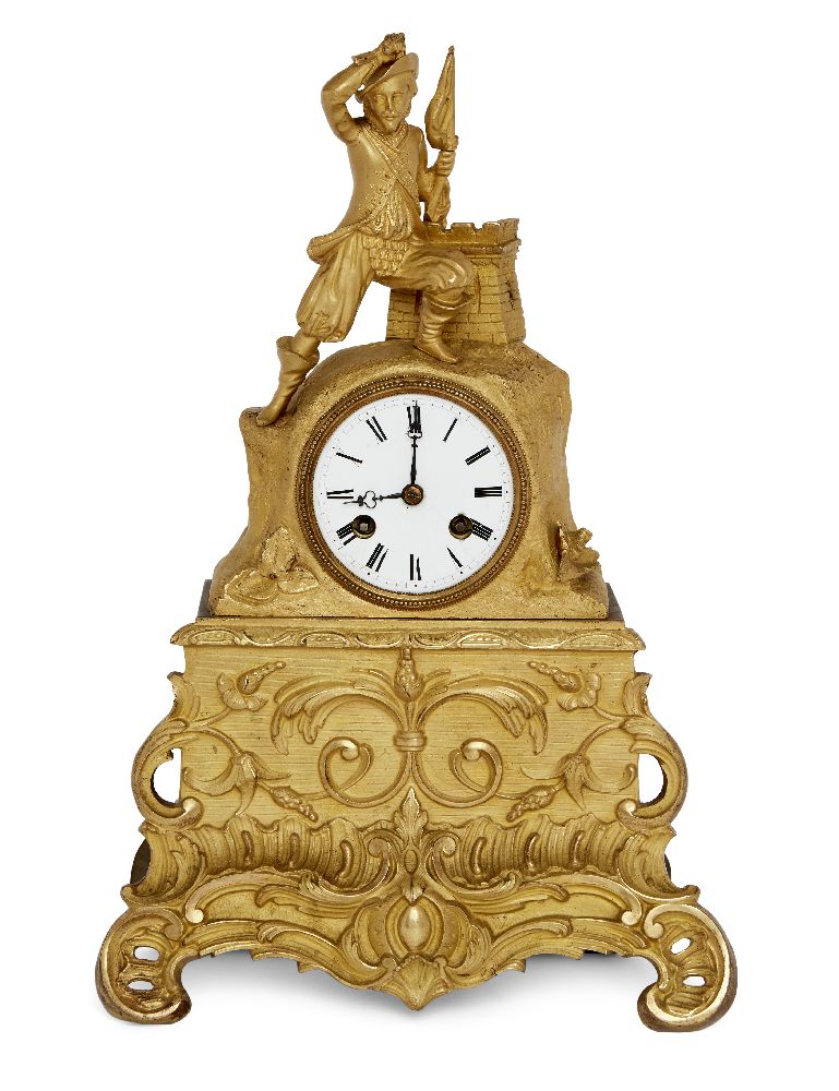 A French ormolu library clock, late 19th century, surmounted with a soldier bearing a flag above