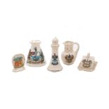 A group of British miniature porcelain souvenirs, early 20th Century, each with gilt rims and