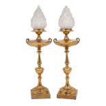 A pair of French gilt metal lights designed as oil lamps, 20th Century, the knopped baluster