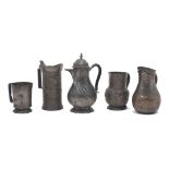 A group of four pewter items, 19th Century, to include a pewter stein with raised dragon and crown
