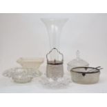 A group of glassware, 20th century, to include a clear mould-blown vase, 29cm high, unmarked, and