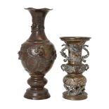 Two Japanese bronze vases, Meiji period, one of baluster form with scalloped lip, body decorated