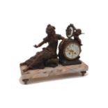 An Art Deco figural clock, 20th century, modelled with a seated woman and cherub cast in spelter,