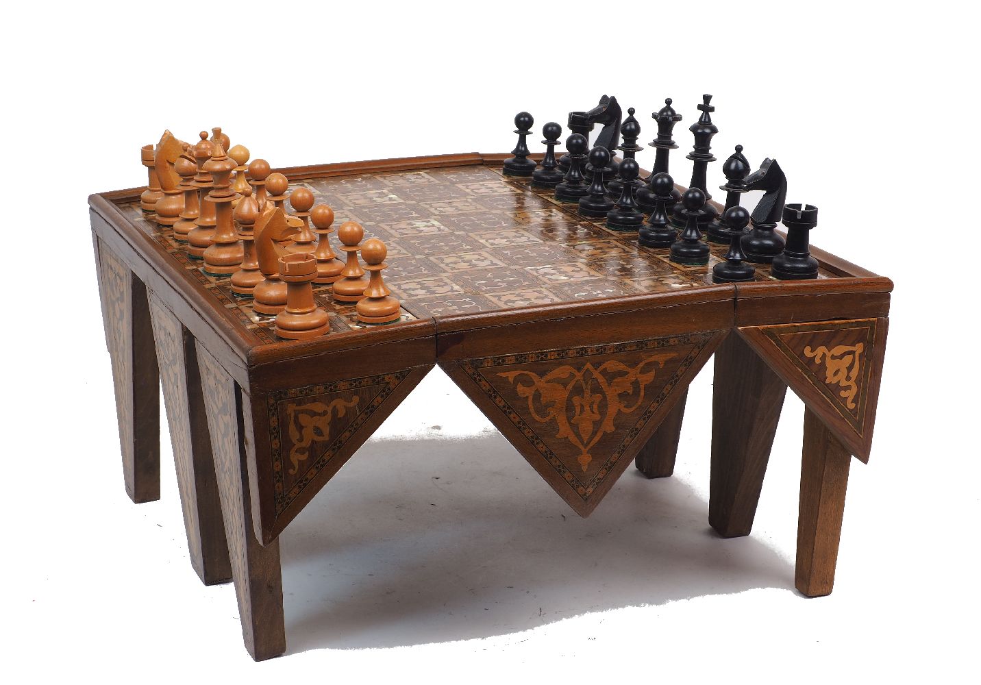 A Near Eastern abalone shell inlaid hardwood folding chess table, late 20th century, together with