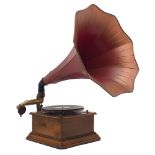 A Swiss Reno 'Dulcephone' walnut cased gramophone, early 20th century, with painted horn, width of