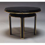A modern black lacquered and parcel gilt centre table in the Chinese taste, c.1980, the circular top