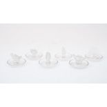 Rene Lalique, six modern Lalique, clear and frosted and polished, press-moulded ash-trays,