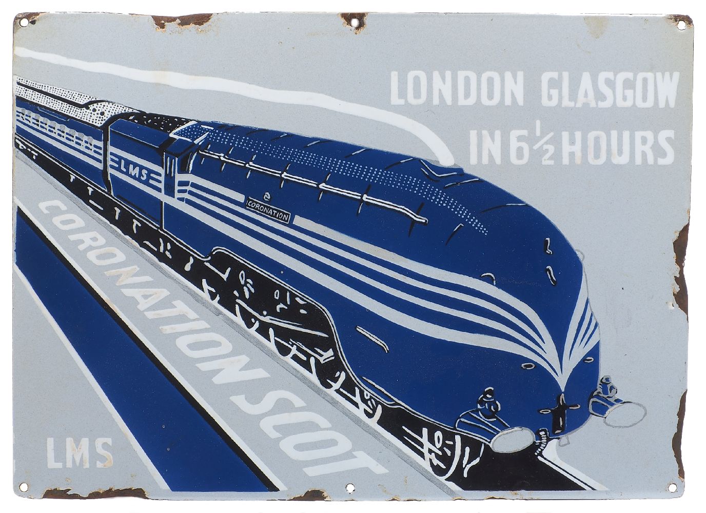 An enamel advertising sign for the London Midland and Scottish Railway 'Coronation Scot' express