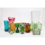 A group of modern glassware, to include a large triangular form Krosno vase, Polish, with original