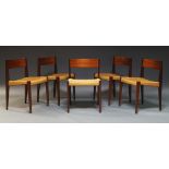 A set of five Danish teak dining chairs, c.1960 with curved backrests and woven cord seats on