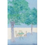 Plant, mid-late 20th century- Table and chairs by a Mediterranean beach; oils on board, a pair,