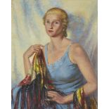 F Stevens, British School, early 20th century- Portrait of a woman in a blue dress, purportedly to