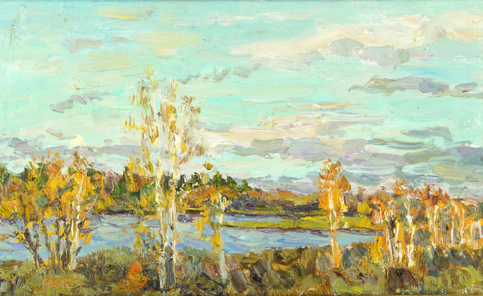Elena Burkova, Russian, b.1960- Autumn landscape with birch trees and clouds; oil on canvas, 23x37.