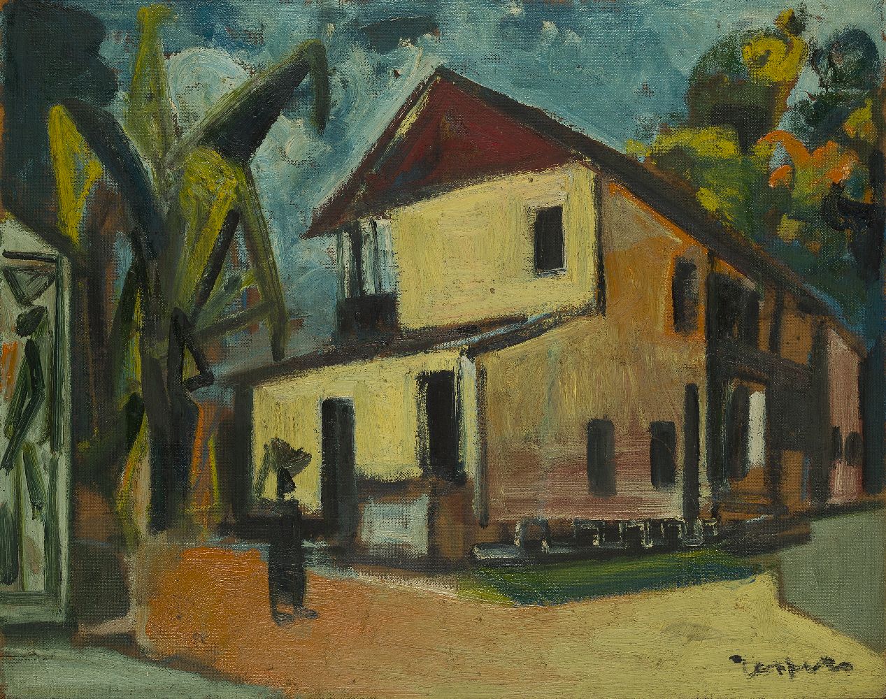 Floris Jespers, Belgian 1889-1965- Maison dans un village africain; oil on board, signed lower