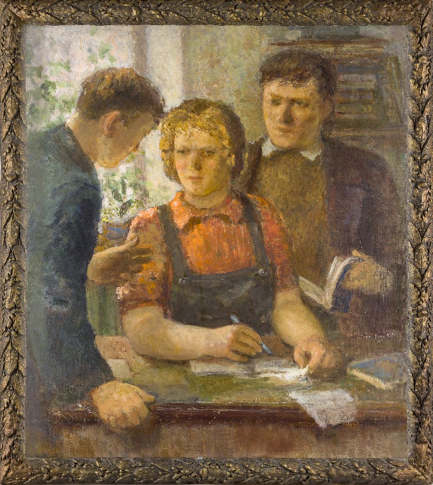 Ivan Diomidovich Chashnikov, Russian 1888-1971- At the Workers’ School, circa 1930; oil on canvas, - Image 2 of 4