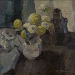 Hélène de Miszewska, Belgian 1876-1969- Yellow and white peonies; oil on canvas, signed, 50x50cm (