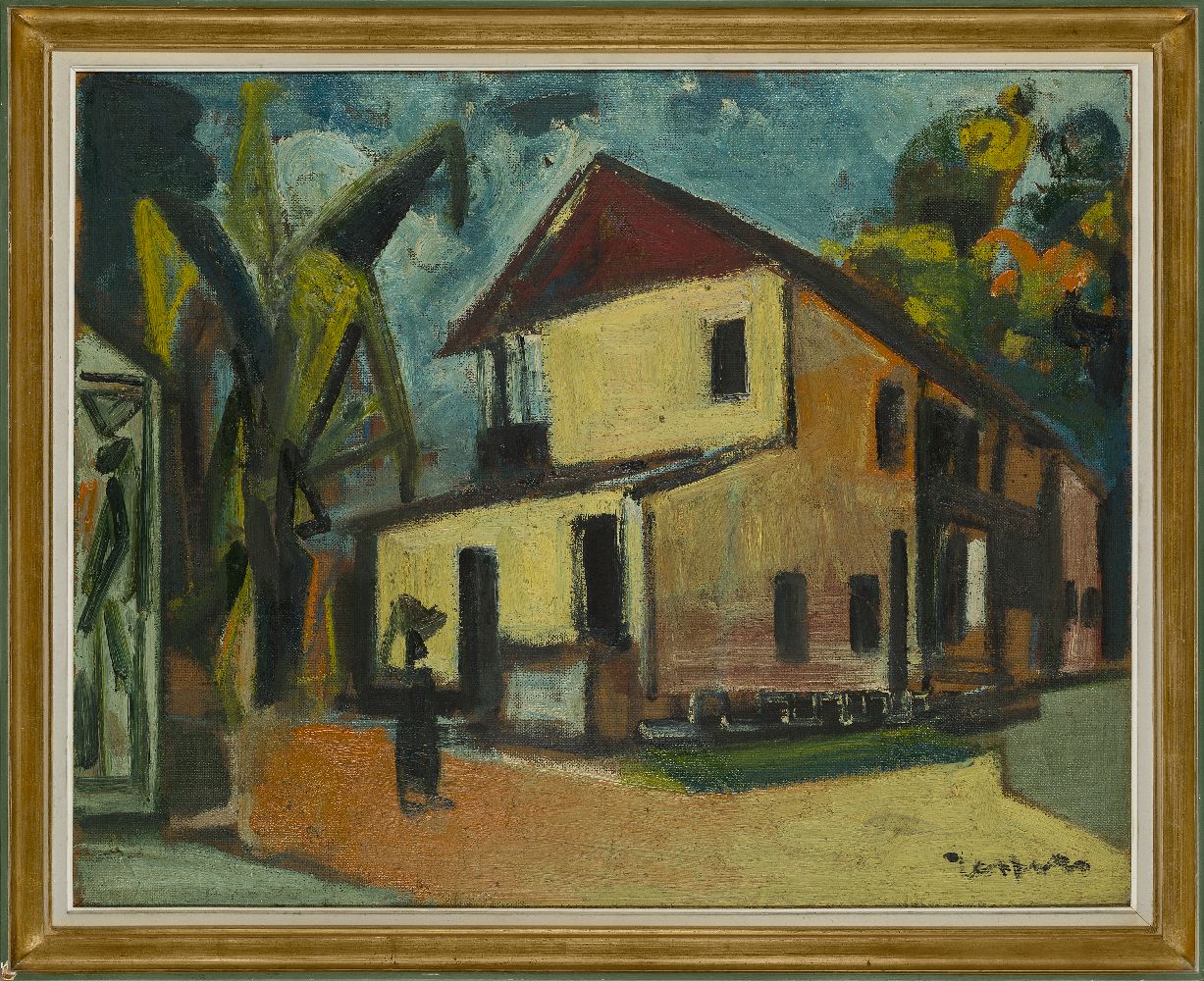 Floris Jespers, Belgian 1889-1965- Maison dans un village africain; oil on board, signed lower - Image 2 of 3