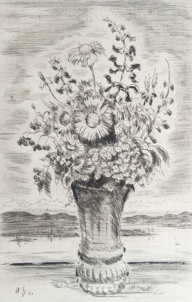 Adolf Hildenbrand, German 1881-1944- Blumenstrauß in Vase vor Landschaft; etching, signed and